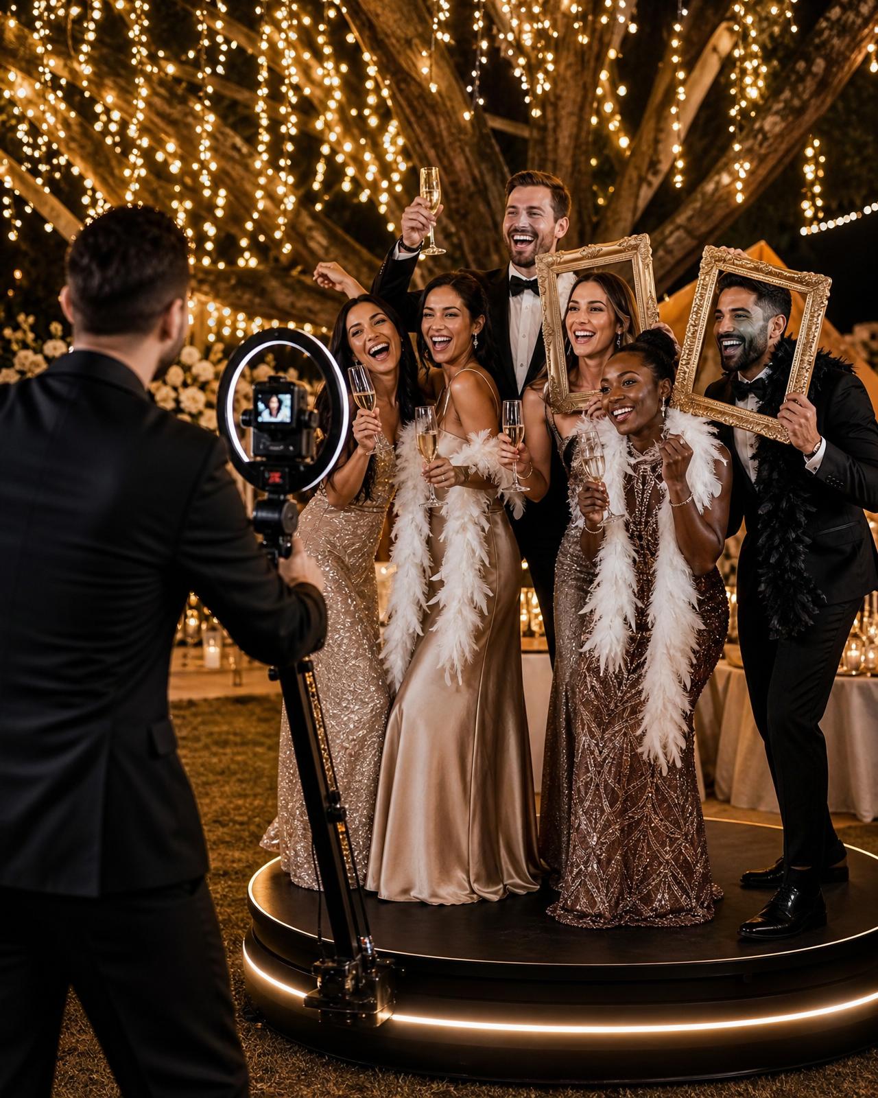 Professional photographer in a tuxedo operating a 360 camera booth while guests with props and champagne glasses laugh and smile